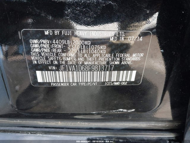 46068241 :رقم المزاد ، JF1VA1D68F9813717 vin ، 2015 Subaru Wrx Premium مزاد بيع