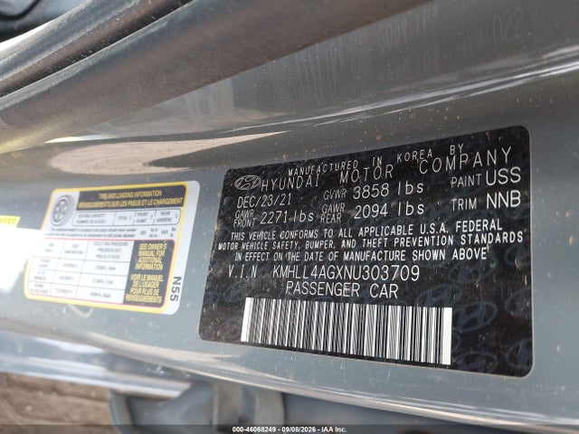 46068249 :رقم المزاد ، KMHLL4AGXNU303709 vin ، 2022 Hyundai Elantra Se مزاد بيع