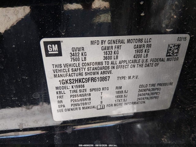 Aukcja sprzedaży 2015 Gmc Yukon Xl 1500 Slt, vin: 1GKS2HKC9FR610867, numer aukcji: 46068258