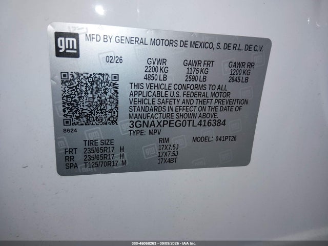 Продаж на аукціоні авто 2026 Chevrolet Equinox Awd Lt, vin: 3GNAXPEG0TL416384, номер лоту: 46068263