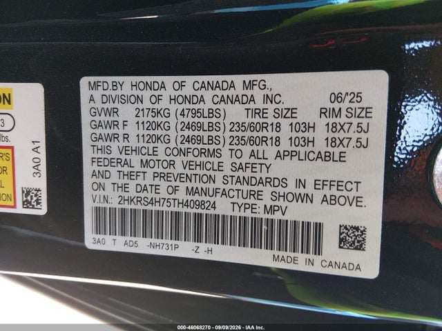 Aukcja sprzedaży 2026 Honda Cr-v Ex-l Awd, vin: 2HKRS4H75TH409824, numer aukcji: 46068270