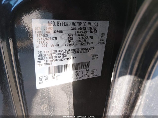 2003 Ford F-150 Lariat/xlt მანქანა იყიდება აუქციონზე, vin: 1FTRW07L83KD57117, აუქციონის ნომერი: 46068276