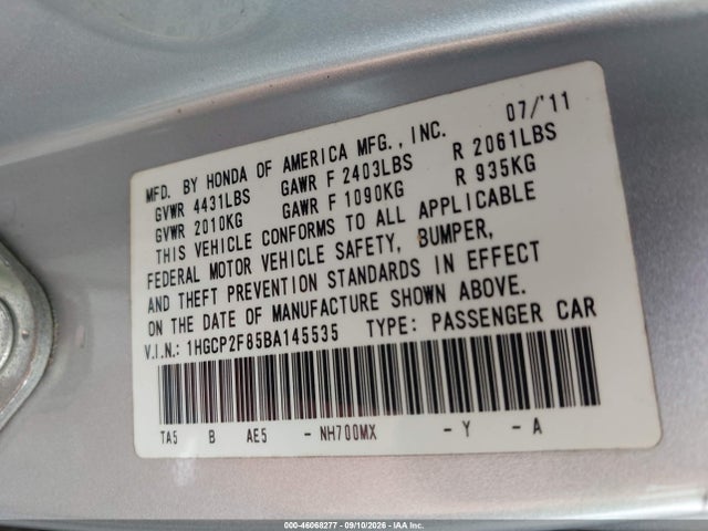 Продаж на аукціоні авто 2011 Honda Accord 2.4 Ex-l, vin: 1HGCP2F85BA145535, номер лоту: 46068277