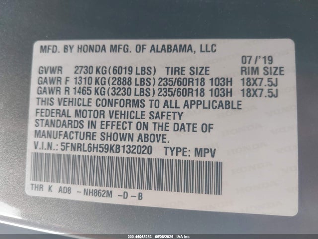 Honda ODYSSEY EX 2019 5FNRL6H59KB132020 Image 9