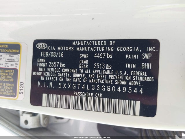 Продаж на аукціоні авто 2016 Kia Optima Lx, vin: 5XXGT4L33GG049544, номер лоту: 46068284