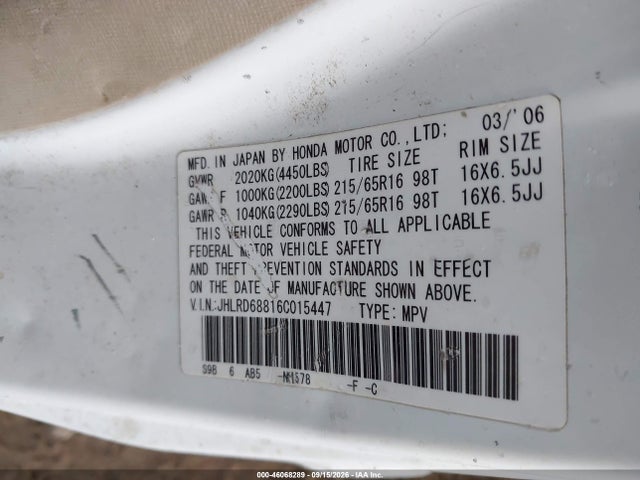 Продаж на аукціоні авто 2006 Honda Cr-v Ex, vin: JHLRD68816C015447, номер лоту: 46068289
