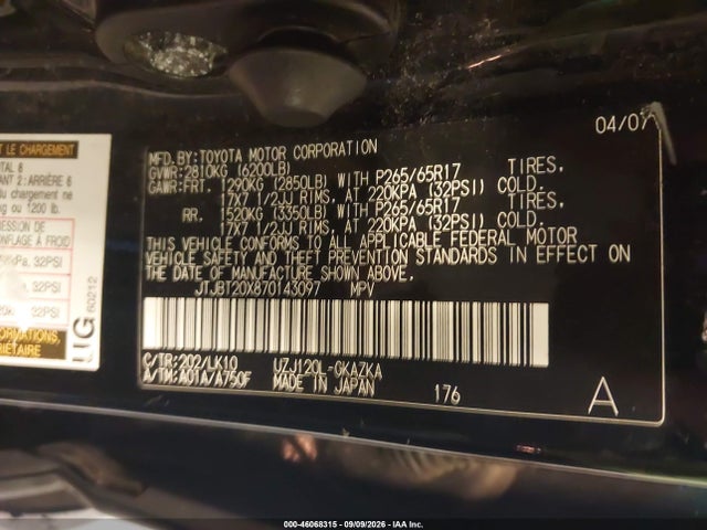 Aukcja sprzedaży 2007 Lexus Gx 470, vin: JTJBT20X870143097, numer aukcji: 46068315