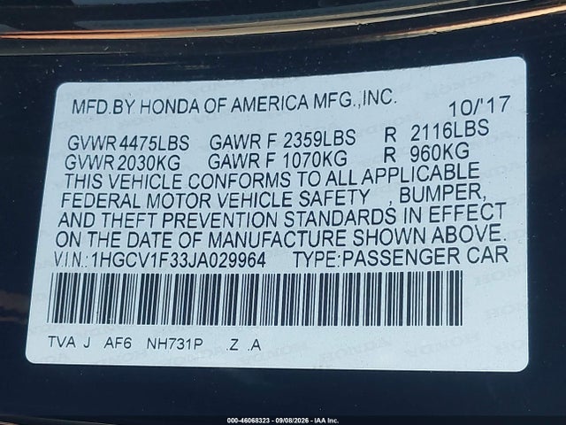 46068323 :رقم المزاد ، 1HGCV1F33JA029964 vin ، 2018 Honda Accord Sport مزاد بيع