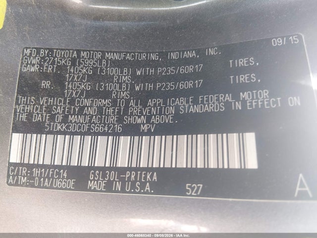 Продажа на аукционе авто 2015 Toyota Sienna Le 8 Passenger, vin: 5TDKK3DC0FS664216, номер лота: 46068340