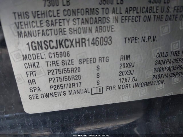 Продаж на аукціоні авто 2017 Chevrolet Suburban Premier, vin: 1GNSCJKCXHR146093, номер лоту: 46068360