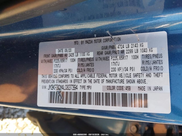 Продаж на аукціоні авто 2020 Mazda Cx-5 Touring, vin: JM3KFBCM4L0837394, номер лоту: 46068398
