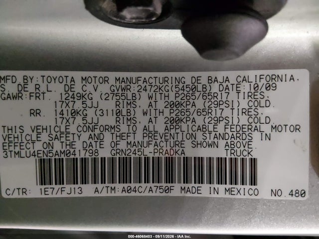 Aukcja sprzedaży 2010 Toyota Tacoma Base V6, vin: 3TMLU4EN5AM041798, numer aukcji: 46068403