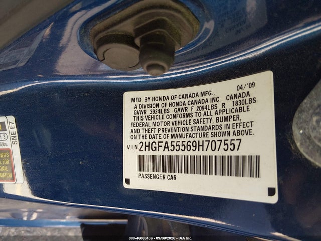 2009 Honda Civic Si მანქანა იყიდება აუქციონზე, vin: 2HGFA55569H707557, აუქციონის ნომერი: 46068406