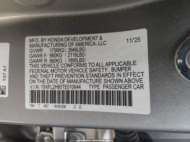 Продаж на аукціоні авто 2026 Honda Civic Sport, vin: 19XFL2H80TE010644, номер лоту: 46068413
