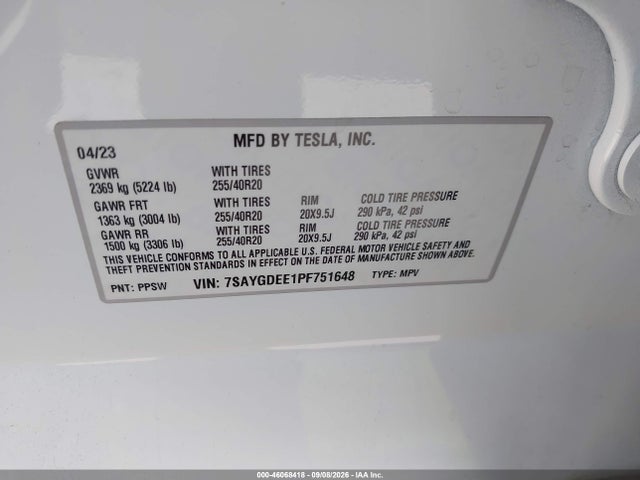 7SAYGDEE1PF751648 Tesla Model Y Awd/long Range Dual Motor All-wheel Drive