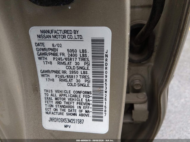 Продажа на аукционе авто 2003 Infiniti Qx4 Luxury, vin: JNRDR09X53W251587, номер лота: 46068419