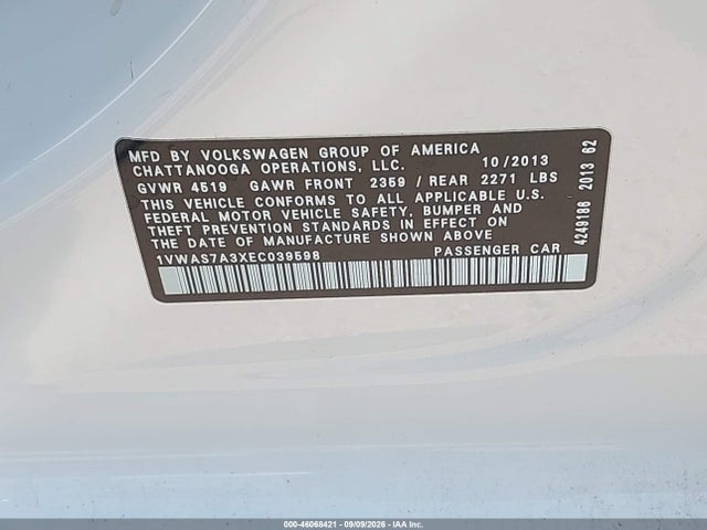 46068421 :رقم المزاد ، 1VWAS7A3XEC039598 vin ، 2014 Volkswagen Passat 1.8t S مزاد بيع