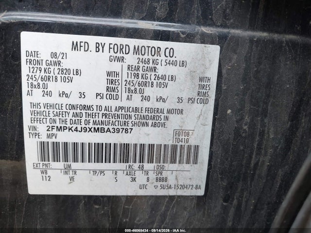 Aukcja sprzedaży 2021 Ford Edge Sel, vin: 2FMPK4J9XMBA39787, numer aukcji: 46068434