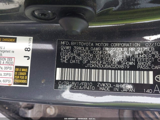 46068437 :رقم المزاد ، JTDKN3DU8A0209819 vin ، 2010 Toyota Prius Ii مزاد بيع