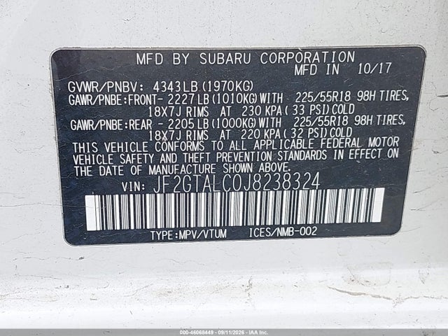 2018 Subaru Crosstrek 2.0i Limited მანქანა იყიდება აუქციონზე, vin: JF2GTALC0J8238324, აუქციონის ნომერი: 46068449