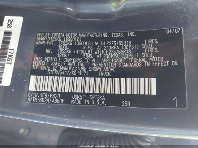 Продаж на аукціоні авто 2007 Toyota Tundra Sr5 V8, vin: 5TFRV54177X011121, номер лоту: 46068503