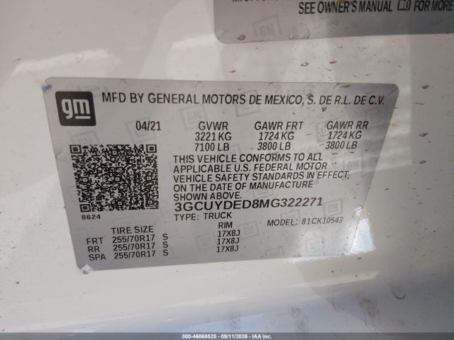 46068525 :رقم المزاد ، 3GCUYDED8MG322271 vin ، 2021 Chevrolet Silverado 1500 4wd  Short Bed Lt مزاد بيع