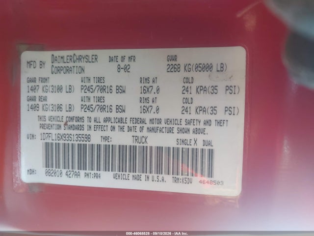 Продаж на аукціоні авто 2003 Dodge Dakota, vin: 1D7FL16X93S135598, номер лоту: 46068528