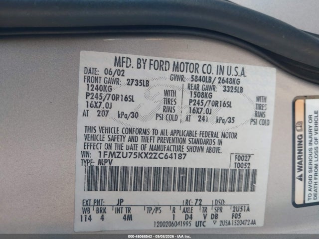 46068542 :رقم المزاد ، 1FMZU75KX2ZC64187 vin ، 2002 Ford Explorer Limited مزاد بيع
