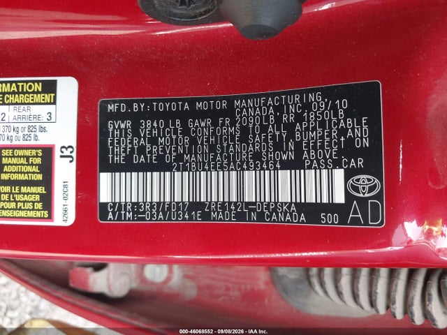 Aukcja sprzedaży 2010 Toyota Corolla S, vin: 2T1BU4EE5AC493464, numer aukcji: 46068552
