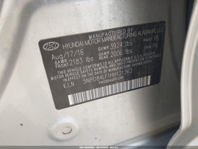 Продаж на аукціоні авто 2017 Hyundai Elantra Limited, vin: 5NPD84LF1HH121362, номер лоту: 46068562