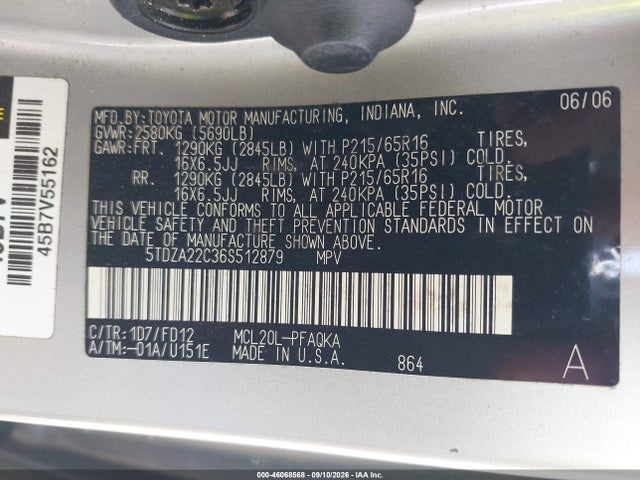 46068568 :رقم المزاد ، 5TDZA22C36S512879 vin ، 2006 Toyota Sienna Xle مزاد بيع