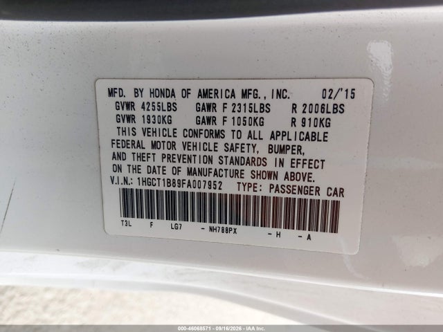 1HGCT1B89FA007952 Honda Accord Ex-l