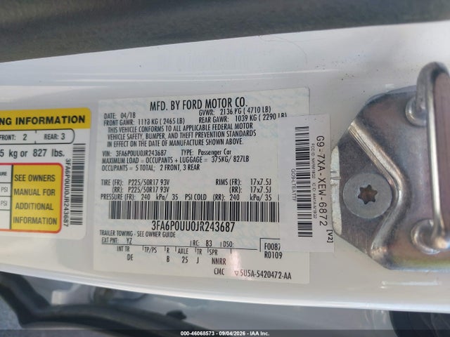 2018 Ford Fusion Hybrid S მანქანა იყიდება აუქციონზე, vin: 3FA6P0UU0JR243687, აუქციონის ნომერი: 46068573