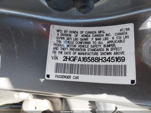 Aukcja sprzedaży 2008 Honda Civic Lx, vin: 2HGFA16588H345169, numer aukcji: 46068579