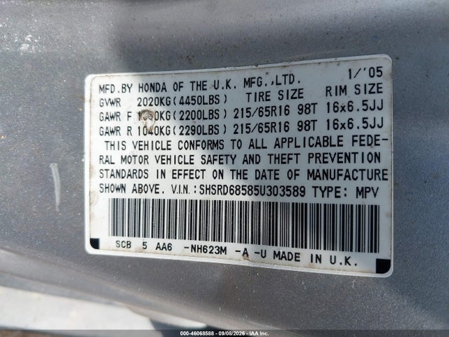 2005 Honda Cr-v Lx მანქანა იყიდება აუქციონზე, vin: SHSRD68585U303589, აუქციონის ნომერი: 46068588