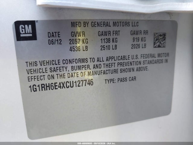 Продаж на аукціоні авто 2012 Chevrolet Volt, vin: 1G1RH6E4XCU127746, номер лоту: 46068600