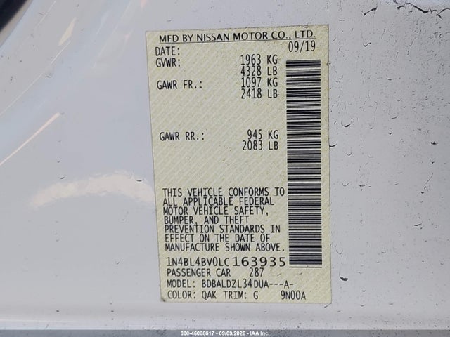 46068617 :رقم المزاد ، 1N4BL4BV0LC163935 vin ، 2020 Nissan Altima S Fwd مزاد بيع