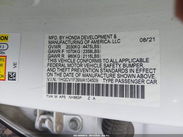 1HGCV1F39MA104509 Honda Accord Sport