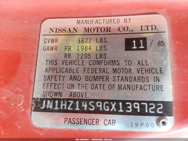 Продажа на аукционе авто 1986 Nissan 300zx, vin: JN1HZ14S9GX139722, номер лота: 46068641