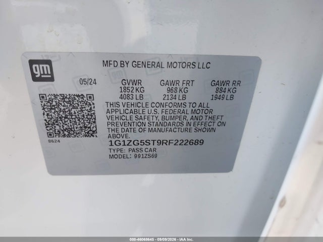 Aukcja sprzedaży 2024 Chevrolet Malibu Fwd Rs, vin: 1G1ZG5ST9RF222689, numer aukcji: 46068645