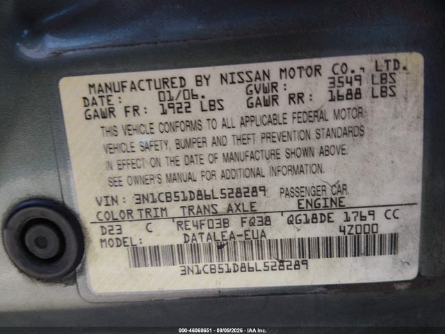 2006 Nissan Sentra 1.8s მანქანა იყიდება აუქციონზე, vin: 3N1CB51D86L528289, აუქციონის ნომერი: 46068651