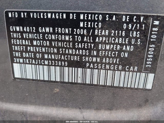 46068663 :رقم المزاد ، 3VW1K7AJ1CM333899 vin ، 2012 Volkswagen Jetta 2.0l S مزاد بيع