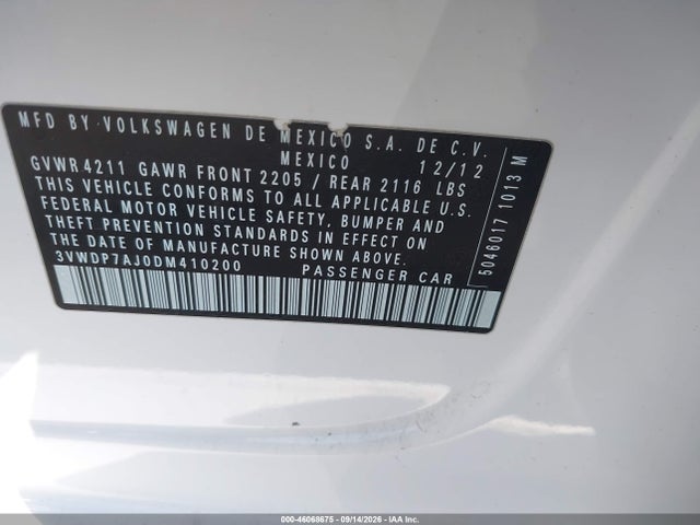 46068675 :رقم المزاد ، 3VWDP7AJ0DM410200 vin ، 2013 Volkswagen Jetta 2.5l Se مزاد بيع