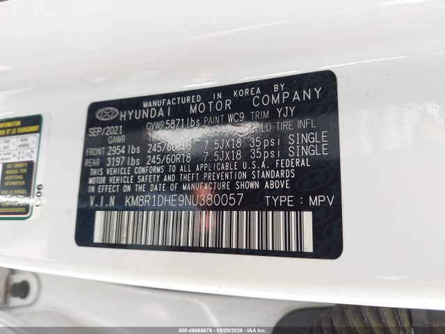 46068676 :رقم المزاد ، KM8R1DHE9NU380057 vin ، 2022 Hyundai Palisade Se مزاد بيع