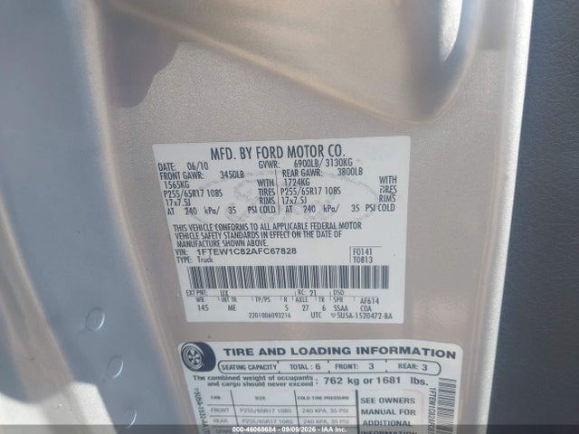 2010 Ford F-150 Xlt მანქანა იყიდება აუქციონზე, vin: 1FTEW1C82AFC67828, აუქციონის ნომერი: 46068684