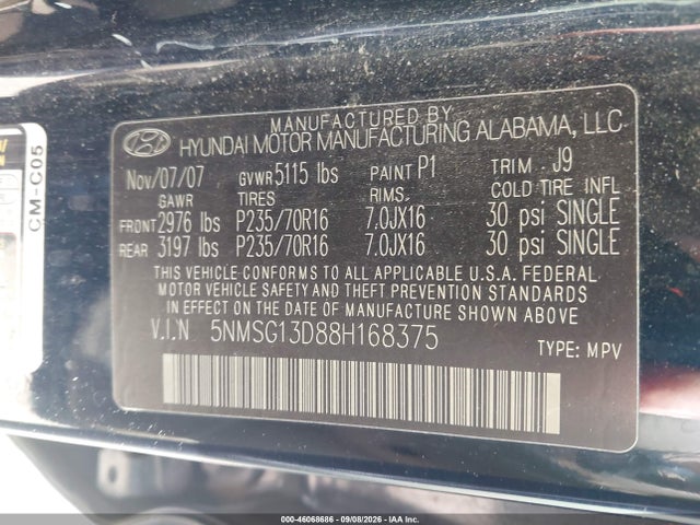 2008 Hyundai Santa Fe Gls მანქანა იყიდება აუქციონზე, vin: 5NMSG13D88H168375, აუქციონის ნომერი: 46068686