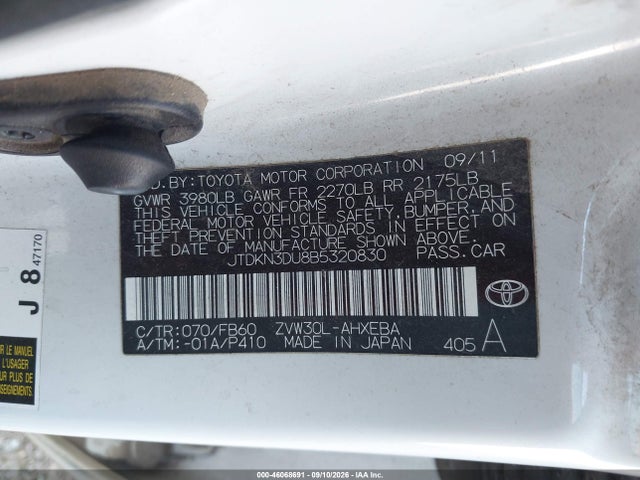 Aukcja sprzedaży 2011 Toyota Prius Two, vin: JTDKN3DU8B5320830, numer aukcji: 46068691