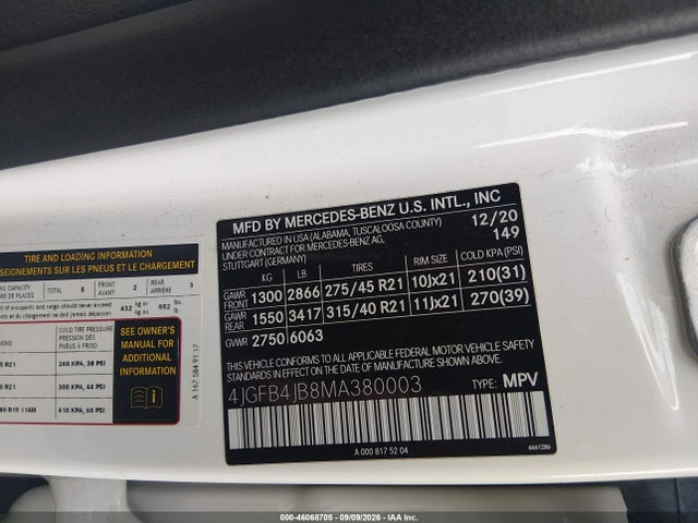 Aukcja sprzedaży 2021 Mercedes-benz Gle 350, vin: 4JGFB4JB8MA380003, numer aukcji: 46068705