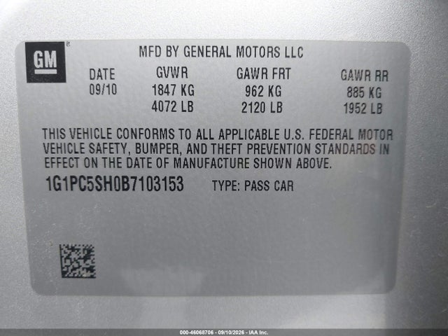 Продажа на аукционе авто 2011 Chevrolet Cruze Ls, vin: 1G1PC5SH0B7103153, номер лота: 46068706