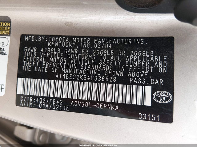 2004 Toyota Camry Le მანქანა იყიდება აუქციონზე, vin: 4T1BE32K54U336828, აუქციონის ნომერი: 46068714